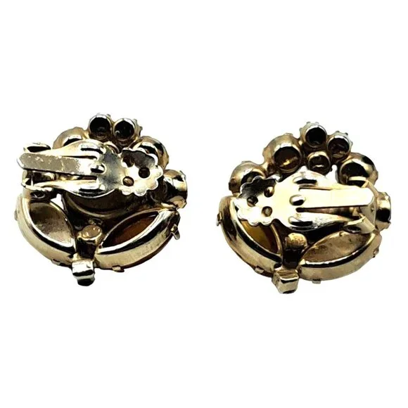 Yellow Foil Art Glass Rhinestone Earrings Autumn Colors Vintage Costume Jewelry - Picture 7 of 8